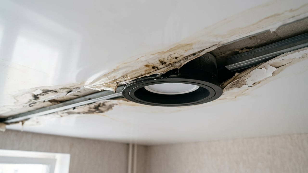 Шов натяжного потолка и зона светильника после воздействия пара — расхождение и следы влаги